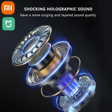 Exploded view of a high-tech speaker or audio driver with glowing blue components.