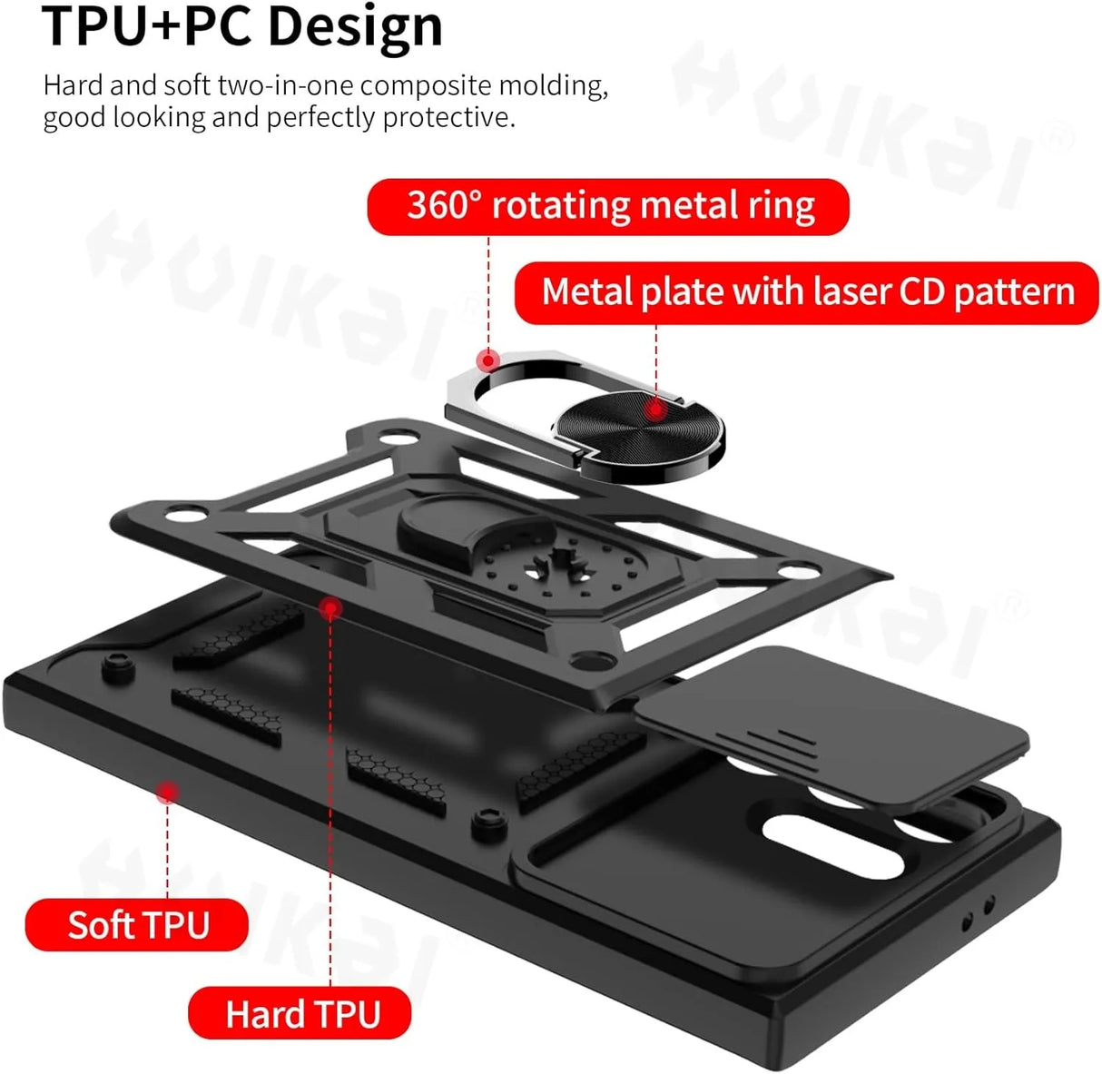 Exploded view of a smartphone case with integrated metal ring stand and protective layers.