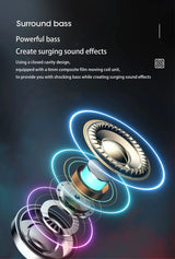 Exploded view of a speaker or audio driver with glowing circular elements highlighting its components.