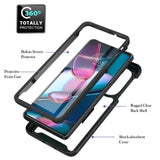 Exploded view of a three-piece protective phone case with built-in screen protector, rugged clear back shell, and shock-absorbent cover.