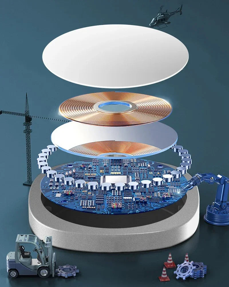 Exploded view of a wireless charging pad showing its internal components and layers.