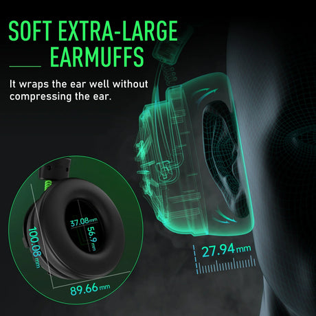 Extra-large earmuffs with soft padding designed to wrap around the ear without compression.