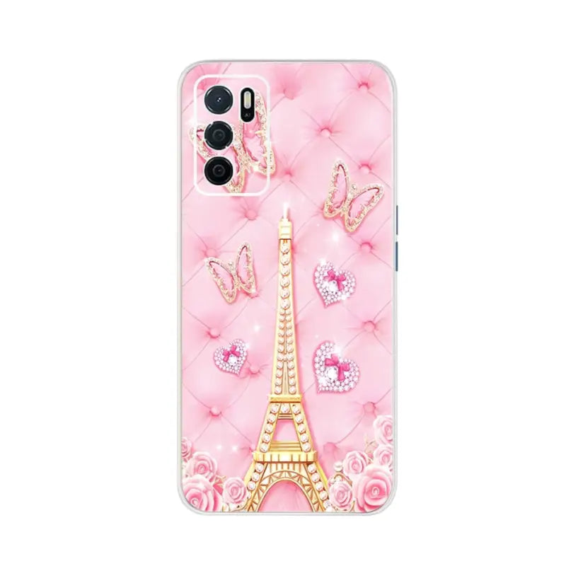 a pink phone case with a eiffel tower and hearts
