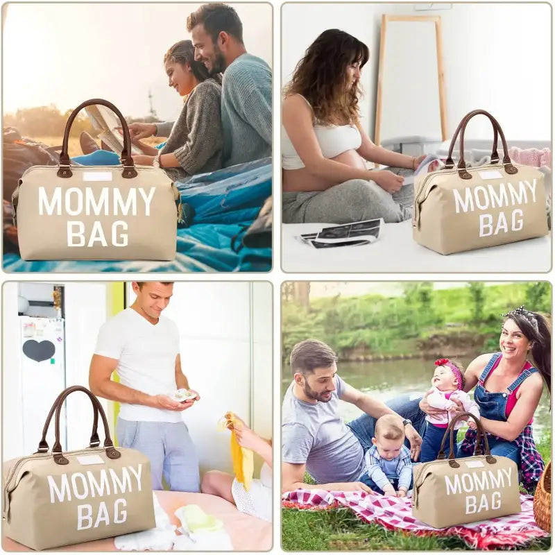 a family with their baby in a bag