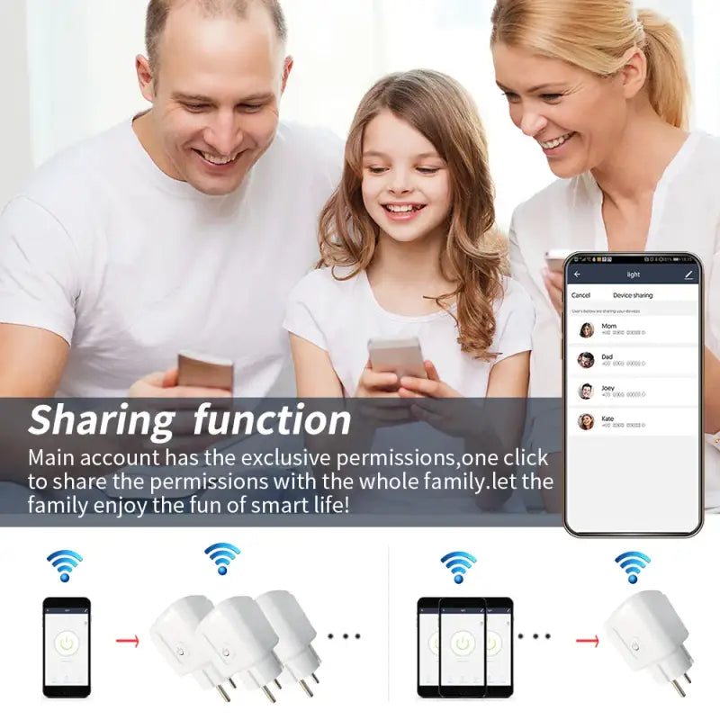 a family using their smart phone to share their smart home