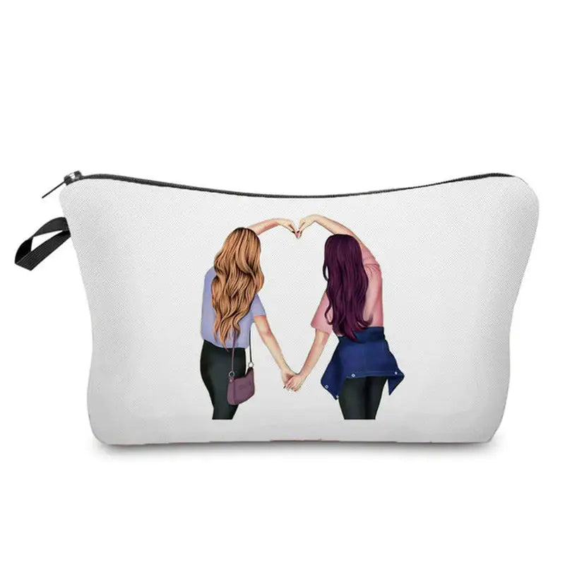 two girls holding hands in a heart shape makeup bag