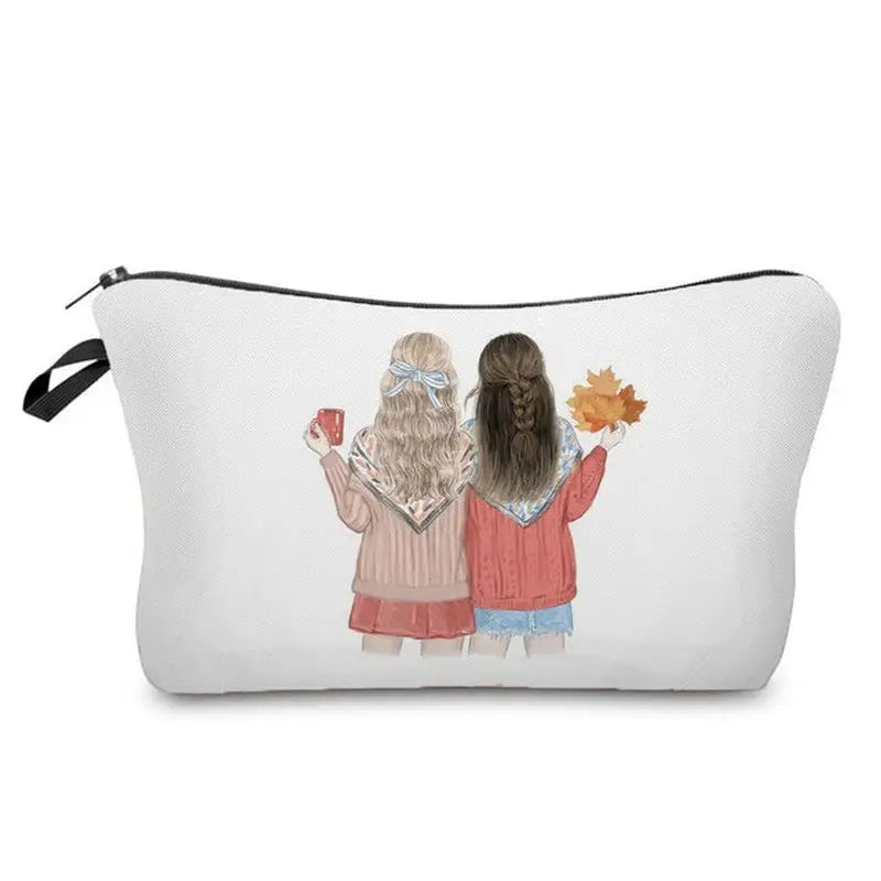 two girls with autumn leaves makeup bag