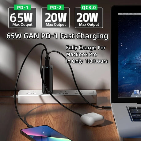 Fast charging adapter with multiple ports capable of 65W GAN PD-1 charging for devices like MacBook Pro and smartphones.