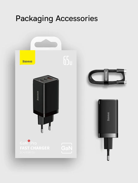 Fast charger with GaN technology from Baseus, featuring a 65W output and packaged with a USB cable.