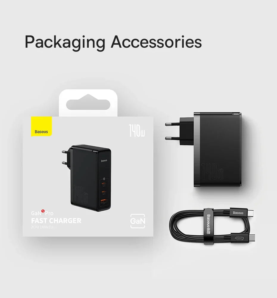 Fast charger with packaging and included accessories from the Baseus brand.