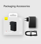 Fast charger with packaging and included accessories from the Baseus brand.