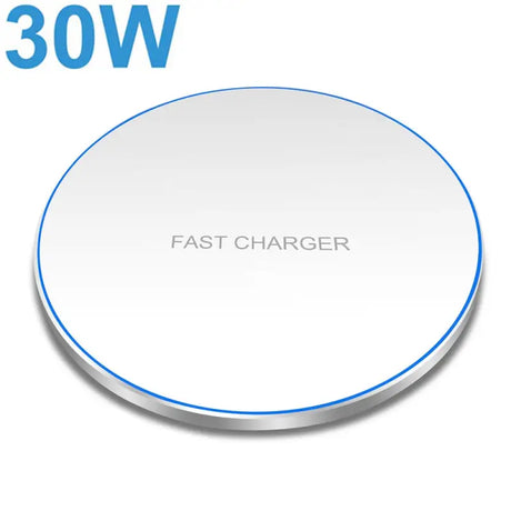 a white and blue wireless charger with the words fast charger on it