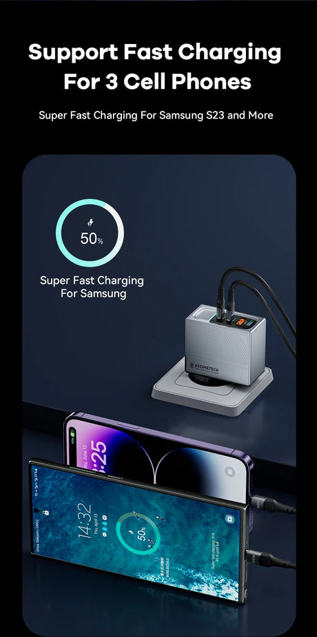 Fast charging device for multiple cell phones, featuring a compact cube-shaped charger and connected smartphones displaying charging status.