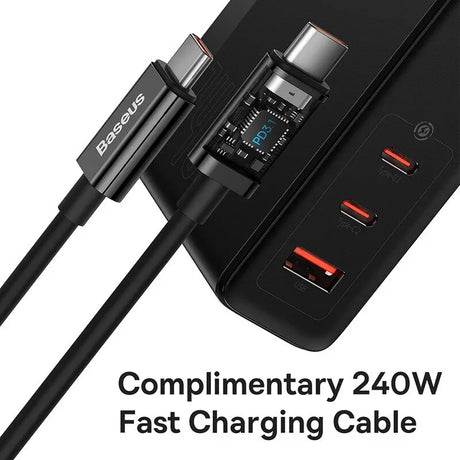 Fast charging USB-C cable with a power adapter featuring multiple ports.