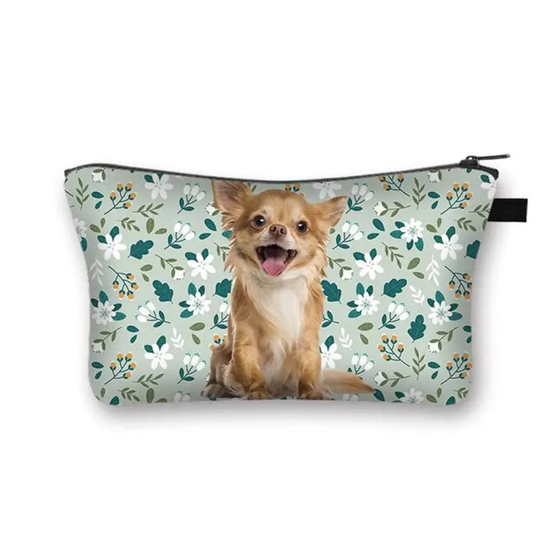 a small cosmetic bag with a dog on it