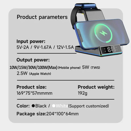 the product features a wireless charging station with a charging cable