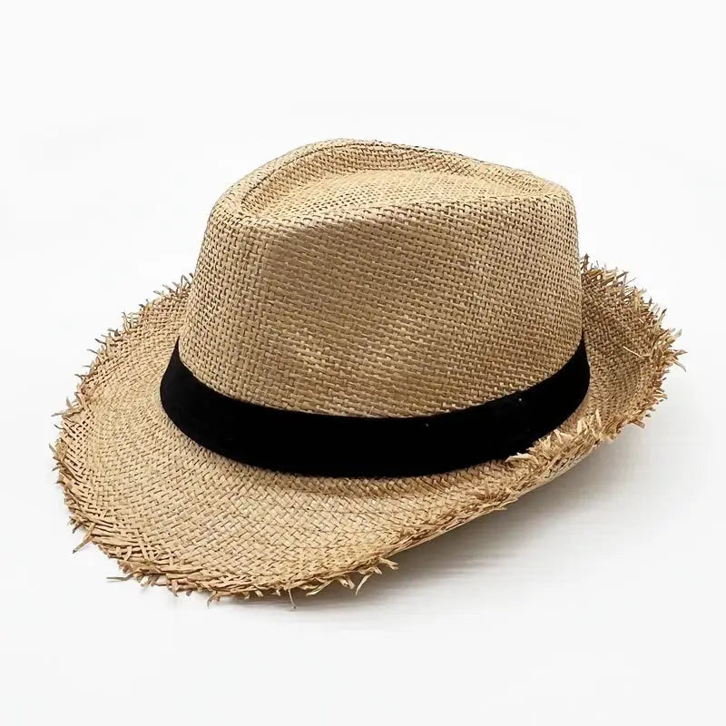 a straw hat with black band