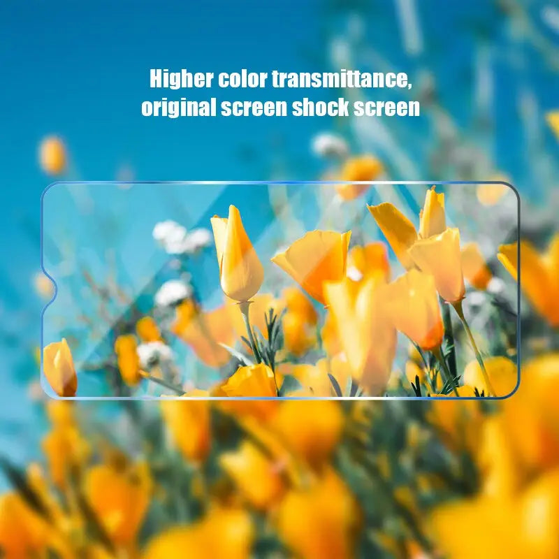 there is a picture of a field of yellow flowers with a clear screen