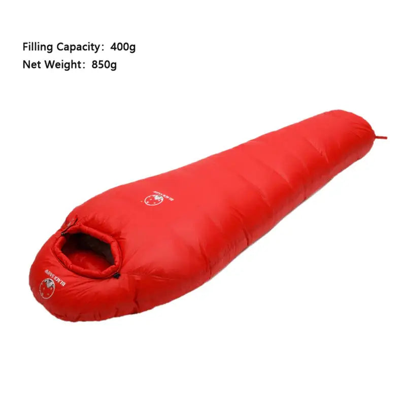 the sleeping bag is red and has a zipper