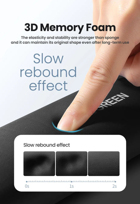 Finger pressing into a black memory foam surface, demonstrating its slow rebound effect.