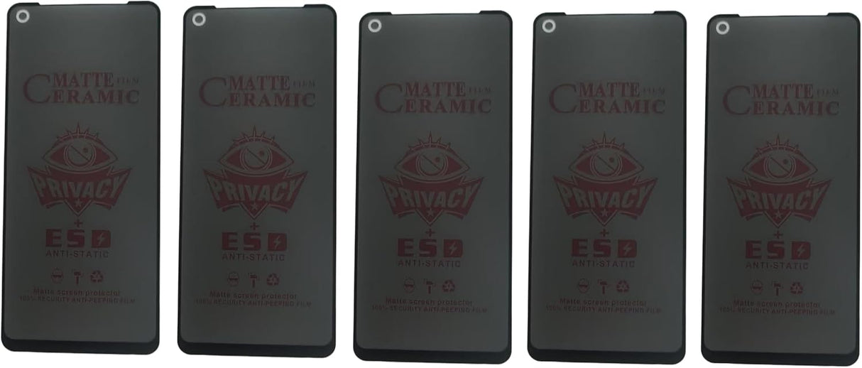 Five dark gray smartphones with red text and graphics on the back.