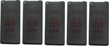 Five dark gray smartphones with red text and graphics on the back.