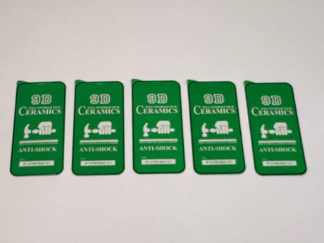 Five green 9D ceramic anti-shock screen protectors.