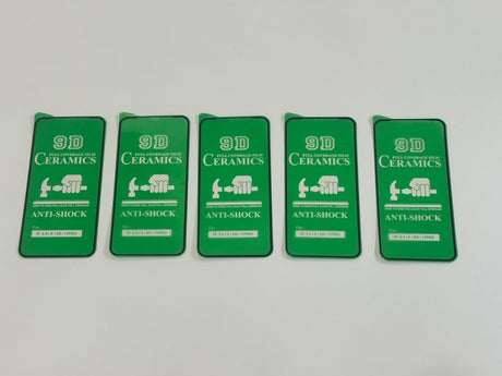 Five green-packaged 9D ceramic screen protectors.