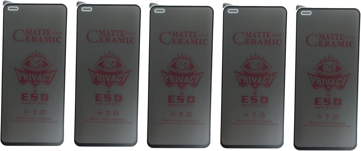 Five identical matte ceramic privacy screen protectors for smartphones.