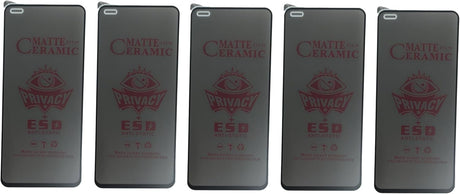 Five identical matte ceramic privacy screen protectors for smartphones.