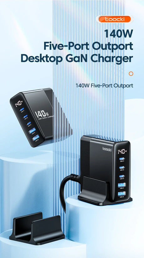 Five-port desktop GaN charger with 140W output capacity.