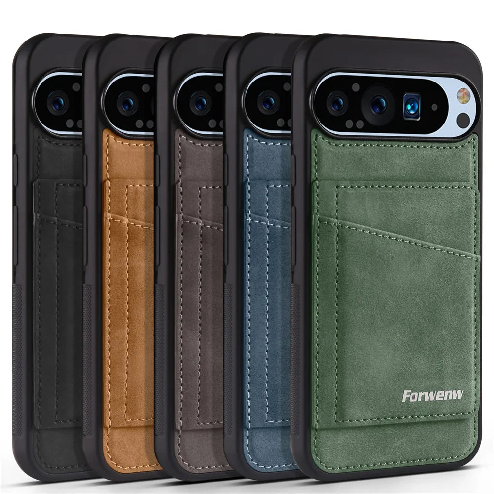 Five smartphone cases with card slots in various colors.
