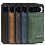 Five smartphone cases with card slots in various colors.