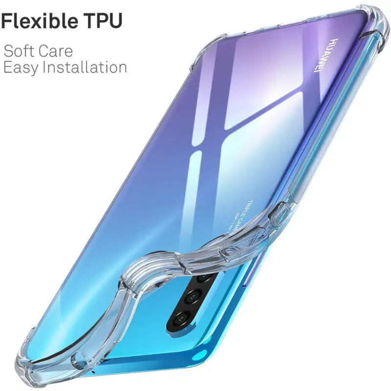 the back of a galaxy s10 phone case with a clear back and a blue back