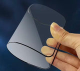 Flexible, clear screen protector held by a hand.