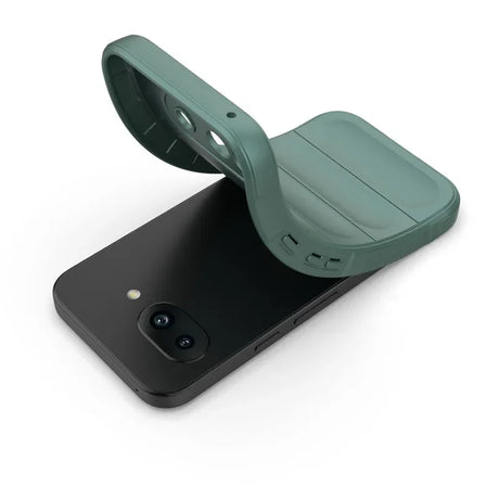 A flexible, dark teal phone case partially covering a black smartphone.