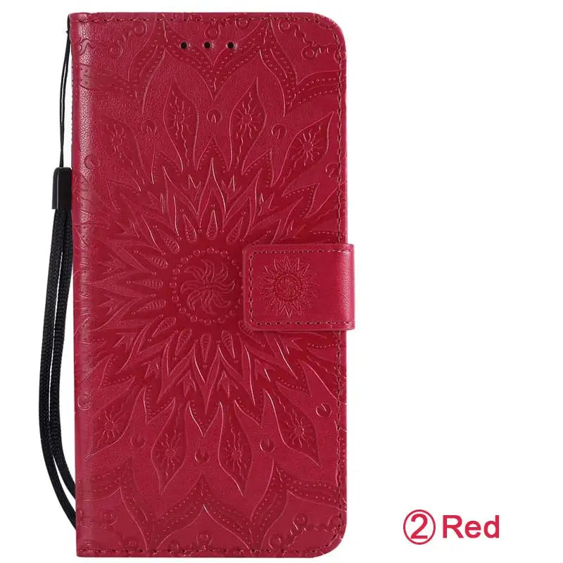 red flower embossed leather wallet case with lanyard strap