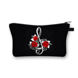 a black cosmetic bag with a red rose and anchor