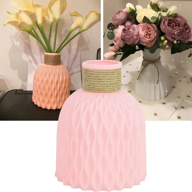 there are two vases with flowers in them and a vase with flowers in it