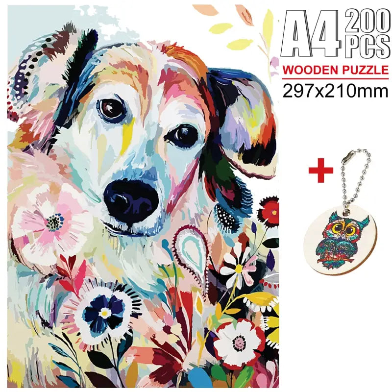 a dog with flowers and a necklace