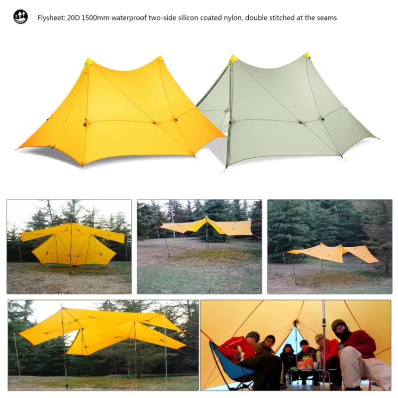 a yellow tent with two people sitting in it