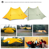 a yellow tent with two people sitting in it