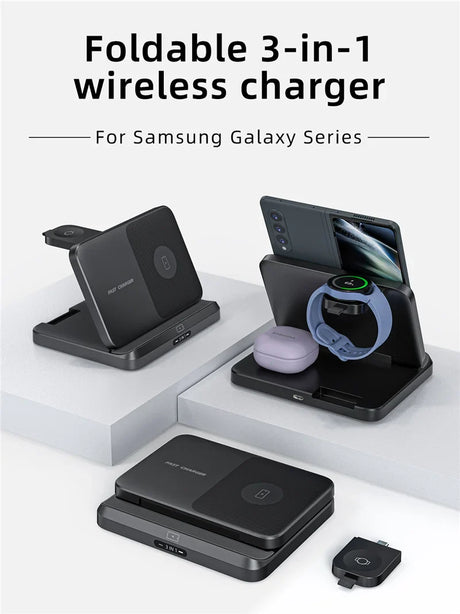 Foldable 3-in-1 wireless charger for Samsung Galaxy devices, shown in various configurations.