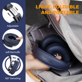 Foldable over-ear headphones with adjustable features and soft earmuffs.