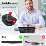 Foldable phone stand with adjustable viewing angles and 360-degree rotation capability.