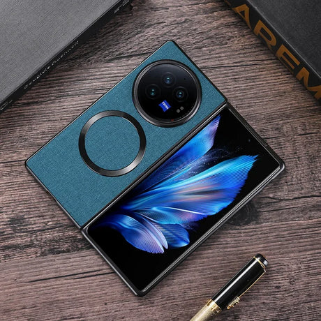 Foldable smartphone with a circular camera module and a vibrant blue feather-like image on its screen.