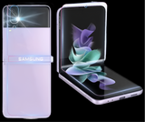 Foldable smartphone with a purple and teal abstract design on its flexible display.