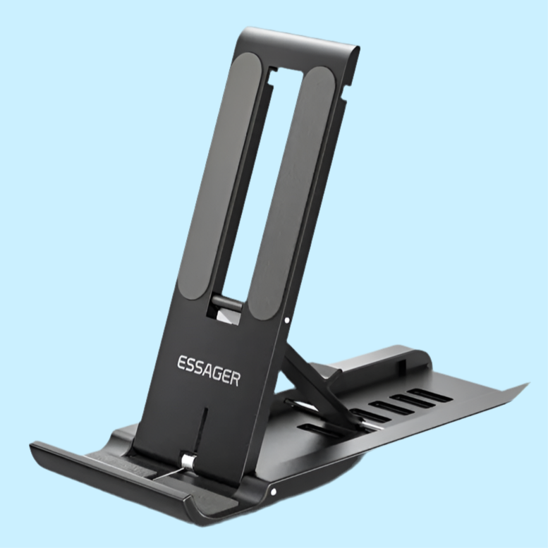 Foldable smartphone or tablet stand with adjustable angles and ’ESSAGER’ branding.