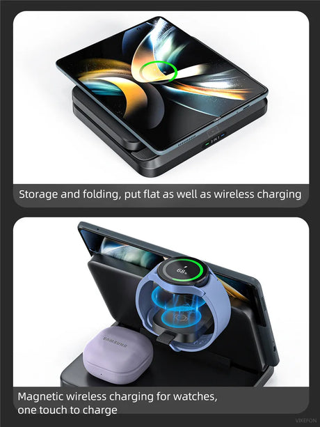 Foldable smartphone with wireless charging capabilities and a flexible display.