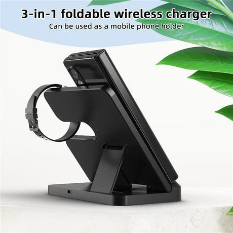 Foldable wireless charger that doubles as a mobile phone holder.